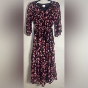 Isabel‎ Maternity Floral Dress XS Black Burgundy Long Sleeve Tie Waist